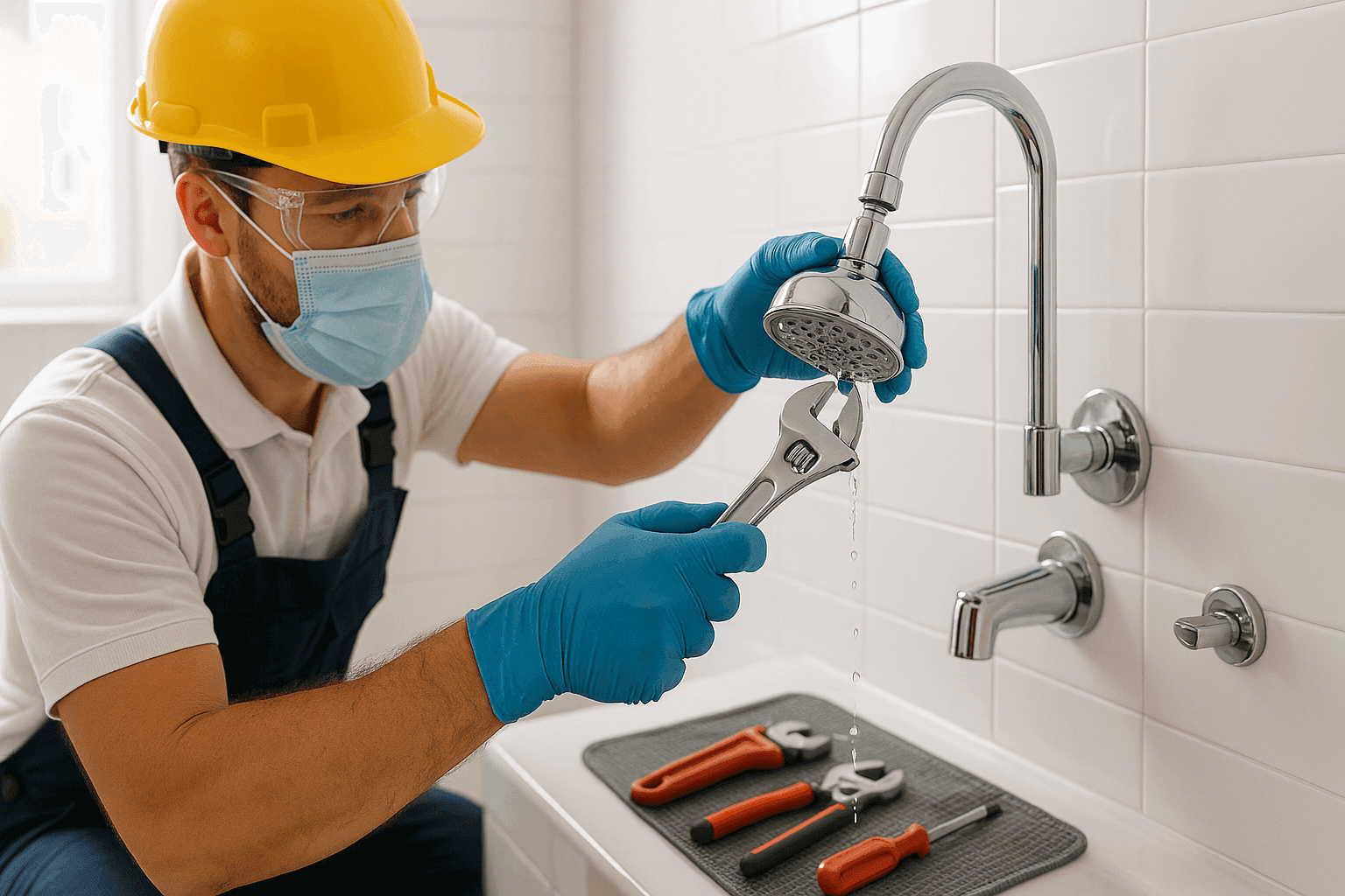 Plumber fixing leaking shower head in residential bathroom
