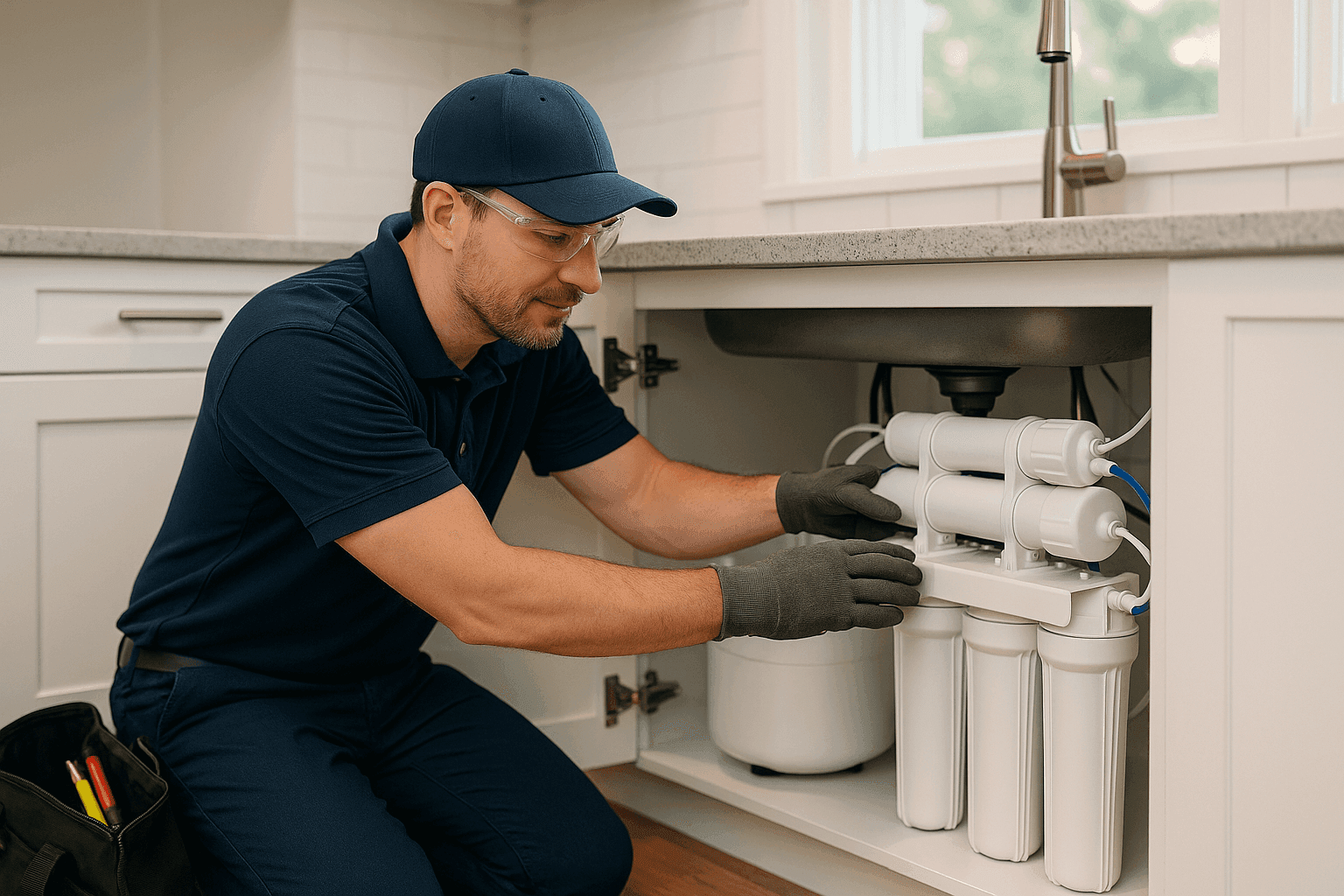 Plumber installing water filtration system under kitchen sink