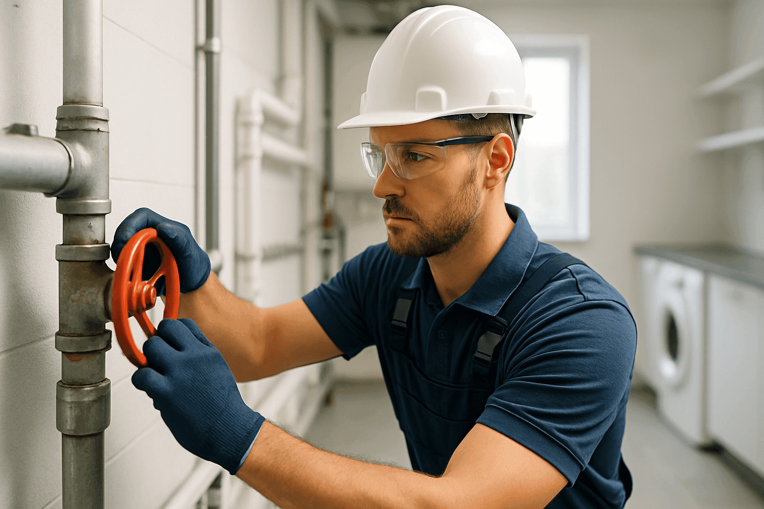 Technician shutting off main water valve in clean utility room