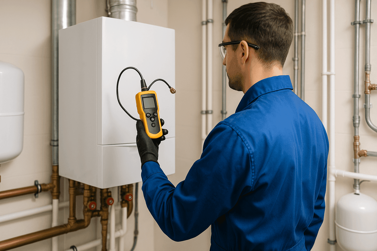 Technician conducting gas safety check on residential boiler