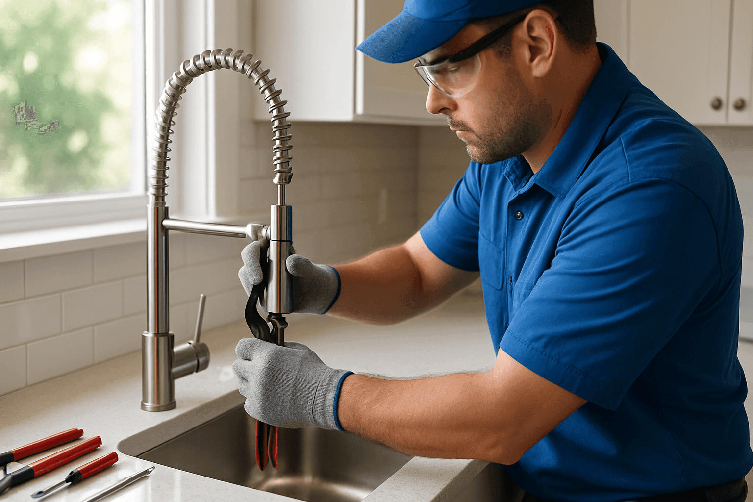 Plumber fixing leaking kitchen faucet in bright residential kitchen