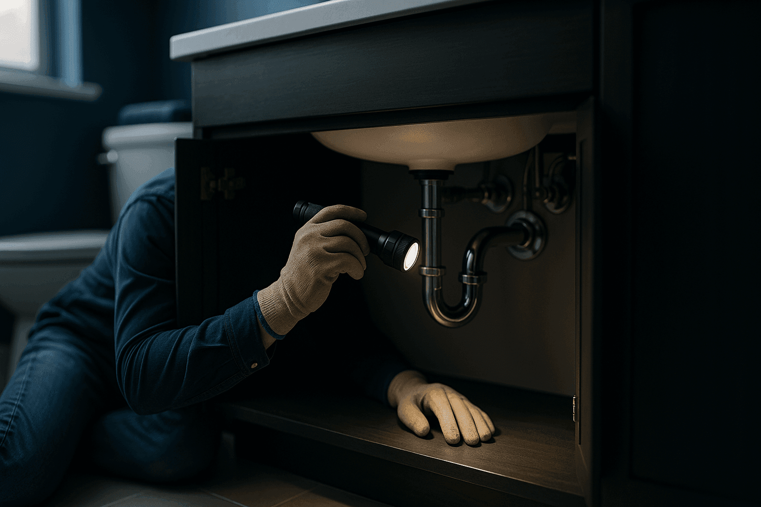 Propietario revisando fuga de agua bajo el lavabo del baño