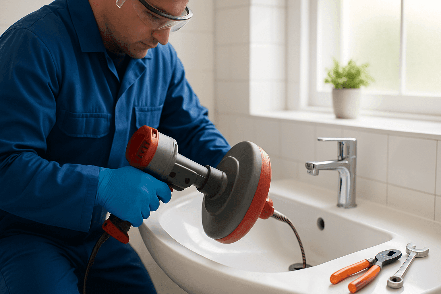 Plumber using drain snake tool on residential bathroom drain