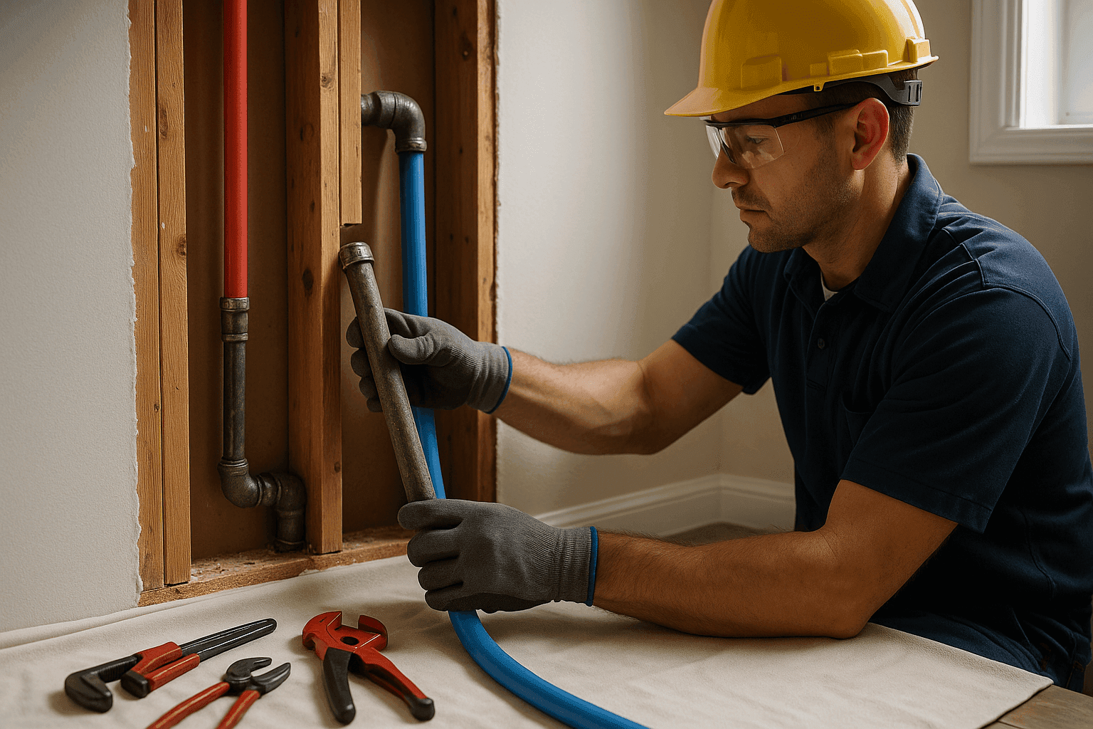 Technician replacing old pipes during residential home repiping