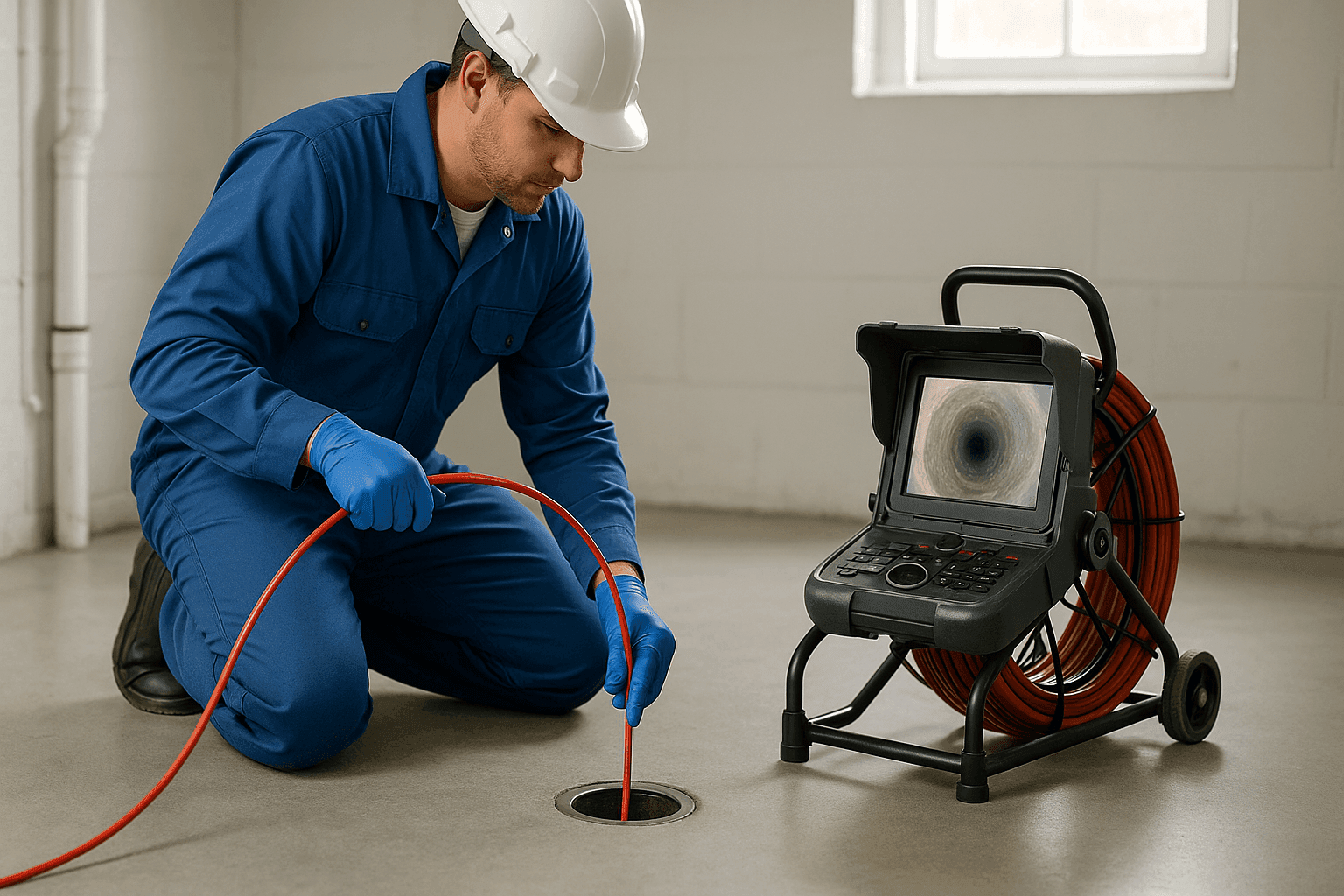 Plumber using camera inspection tool to check residential sewer line