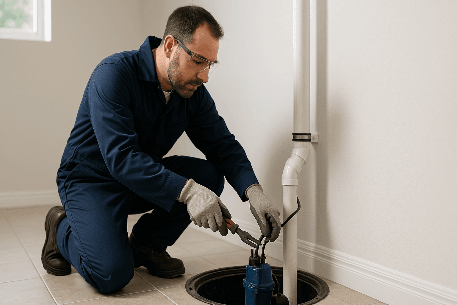 Técnico probando una bomba de sumidero en un sótano residencial para prevenir inundaciones