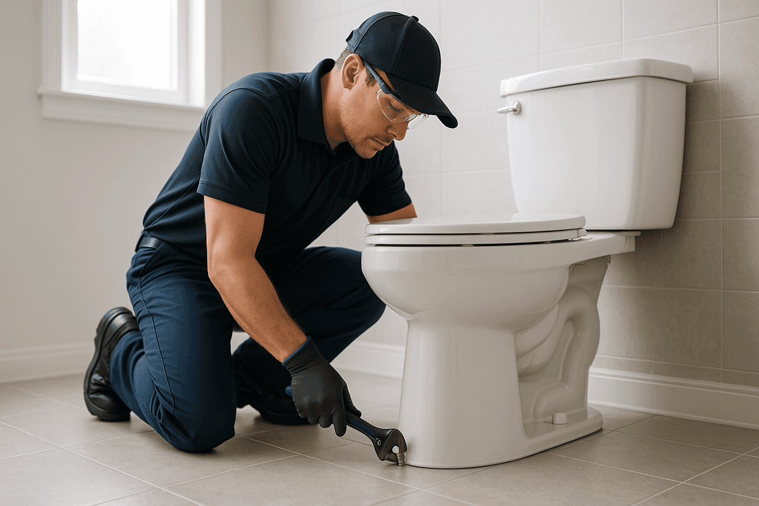 Plumber tightening bolts on wobbly residential toilet