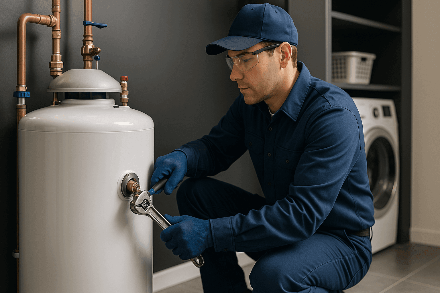 Plumber installing new water heater in residential utility room