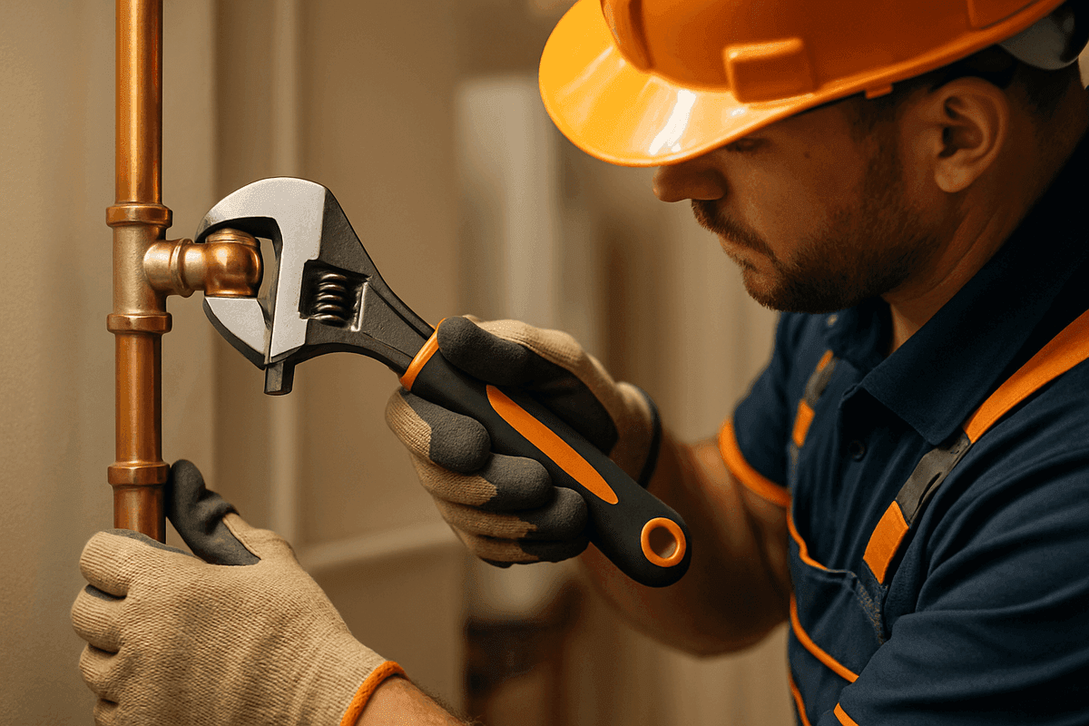 Hands in gloves tightening copper pipe joint with wrench in utility room in Register